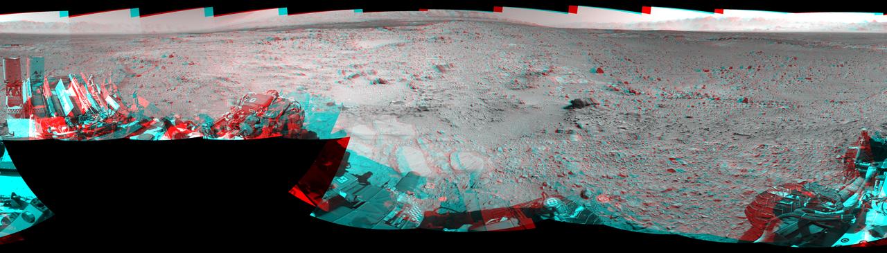 NASA Mars rover Curiosity captured this 3-D view of the rock-studded terrain Curiosity has traversed since October 2013, accelerating the pace of wear and tear on the rover wheels.