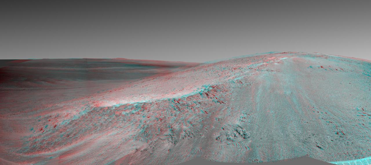 This stereo view shows the Murray Ridge portion of the western rim of Endeavour Crater on Mars. You need 3D glasses to view this image from NASA Mars Exploration Rover Opportunity.