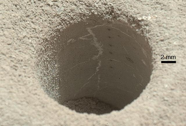 NASA image: View into John Klein Drill Hole in Martian Mudstone