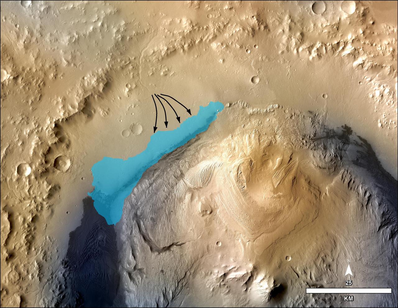 This illustration depicts a concept for the possible extent of an ancient lake inside Gale Crater. The base map combines image data from the Context Camera on NASA Mars Reconnaissance Orbiter and color information from Viking Orbiter imagery.