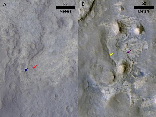 These two images come from the HiRISE camera on NASA Mars Reconnaissance Orbiter. Images of locations in Gale Crater taken from orbit around Mars reveal evidence of erosion in recent geological times and development of small scarps, or vertical surfaces