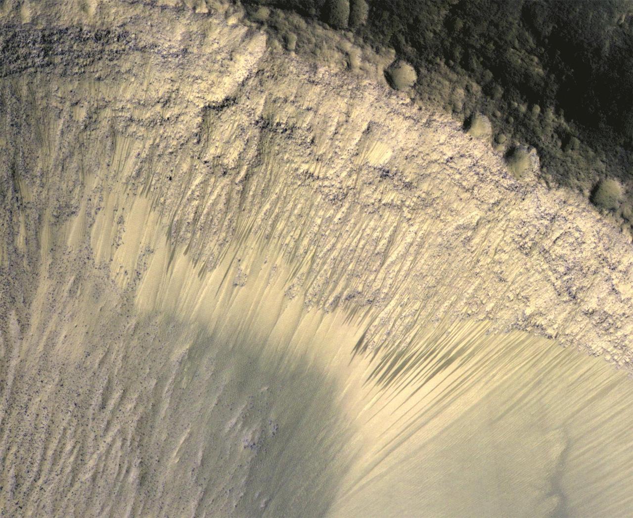 These images from NASA Mars Reconnaissance Orbiter show how the appearance of dark markings on Martian slope changes with the seasons. The marks, called recurrent slope linea extend down slopes during warmer months.