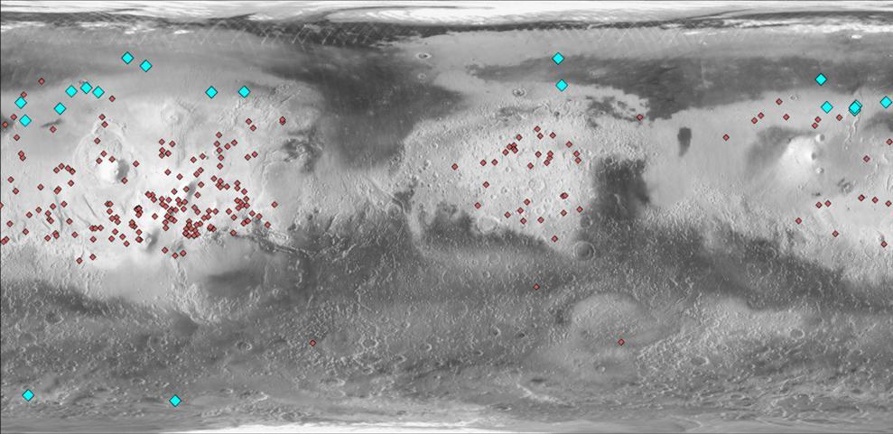 This map of Mars indicates locations of new craters that have excavated ice blue and those that have not red. Albedo information comes from NASA Mars Odyssey orbiter, and the map comes from NASA Mars Global Surveyor orbiter.