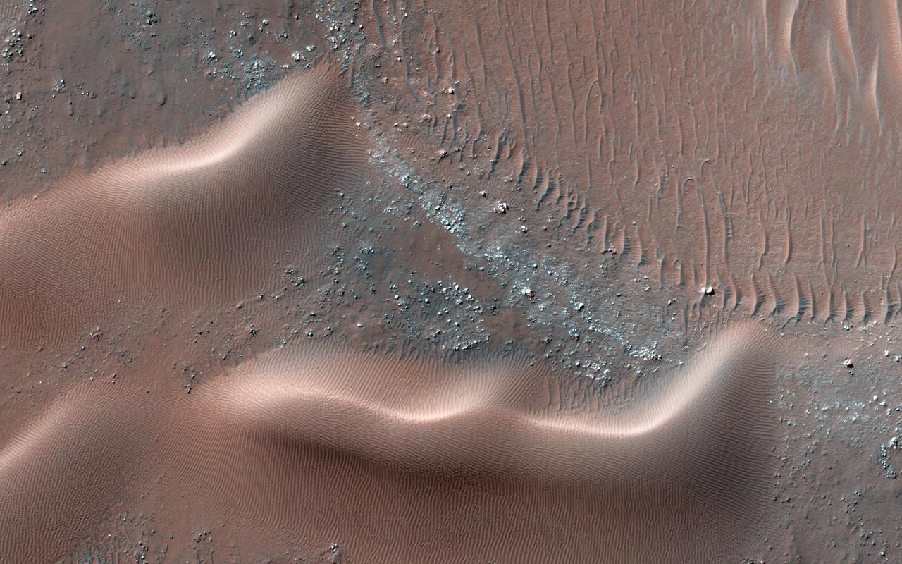 This observation from NASA Mars Reconnaissance Orbiter is of one many that highlights new discoveries; one of these is that many sand dunes and ripples are moving, some at rates of several meters per year.
