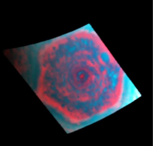 This frame from a movie from NASA Cassini mission shows a polar projection of the curious six-sided jet stream at Saturn north pole known as the hexagon in the infrared.