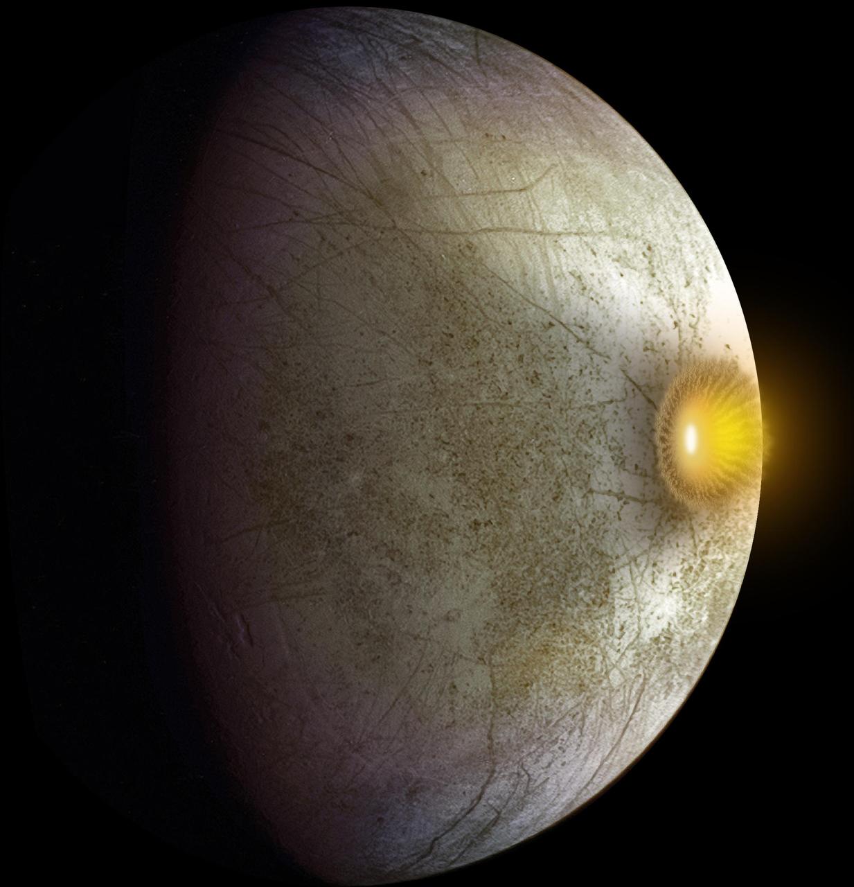 This artist concept shows a possible explosion resulting from a high-speed collision between a space rock and Jupiter moon Europa.