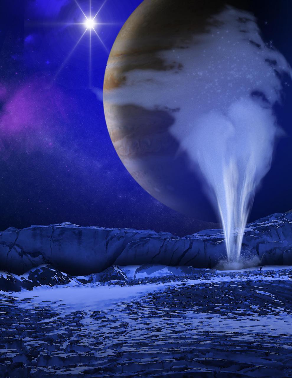 This is an artist concept of a plume of water vapor thought to be ejected off the frigid, icy surface of the Jovian moon Europa, located about 500 million miles 800 million kilometers from the sun.