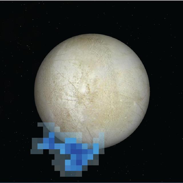 This graphic shows the location of water vapor detected over Europa south pole in observations taken by NASA Hubble Space Telescope in December 2012. This is the first strong evidence of water plumes erupting off Europa surface.