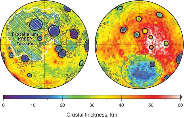 Global map of crustal thickness of the moon derived from gravity data obtained by NASA GRAIL spacecraft. The lunar near side is represented on the left hemisphere. The far side is represented in the right hemisphere.