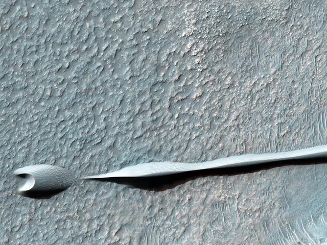 Sand dunes such as those seen in this image from NASA Mars Reconnaissance Orbiter have been observed to creep slowly across the surface of Mars through the action of the wind.