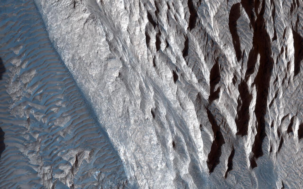 This observation from NASA Mars Reconnaissance Orbiter shows one of the first close HiRISE views of the enigmatic Valles Marineris interior layered deposits.