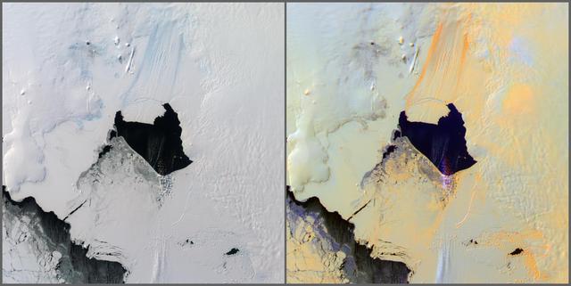 NASA Terra satellite passed over the Pine Island Glacier in Antarctica around Oct. 27, 2013, just days before iceberg B-31 broke completely free. B-31 is finally moving away from the coast, with open water between the iceberg and the glacier.