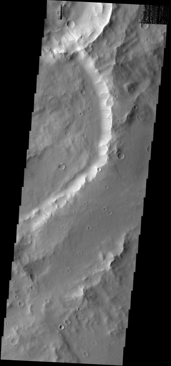 Dark slope streaks mark the inner rim of this unnamed crater in Terra Sabaea, as seen by NASA 2001 Mars Odyssey spacecraft.