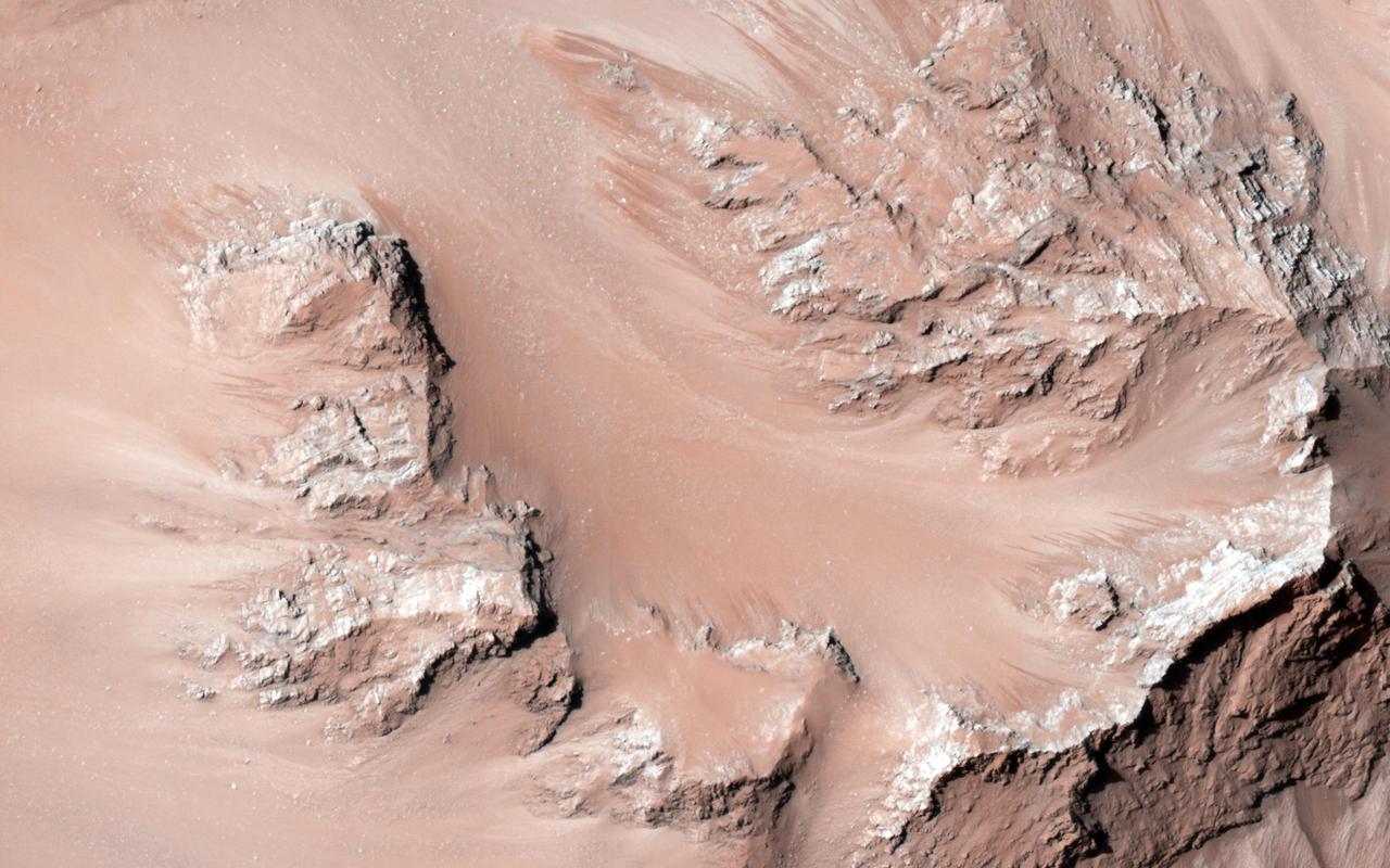 This observation from NASA Mars Reconnaissance Orbiter shows the central hills in Hale Crater with thousands of seasonal flows on steep slopes below bedrock outcrops.