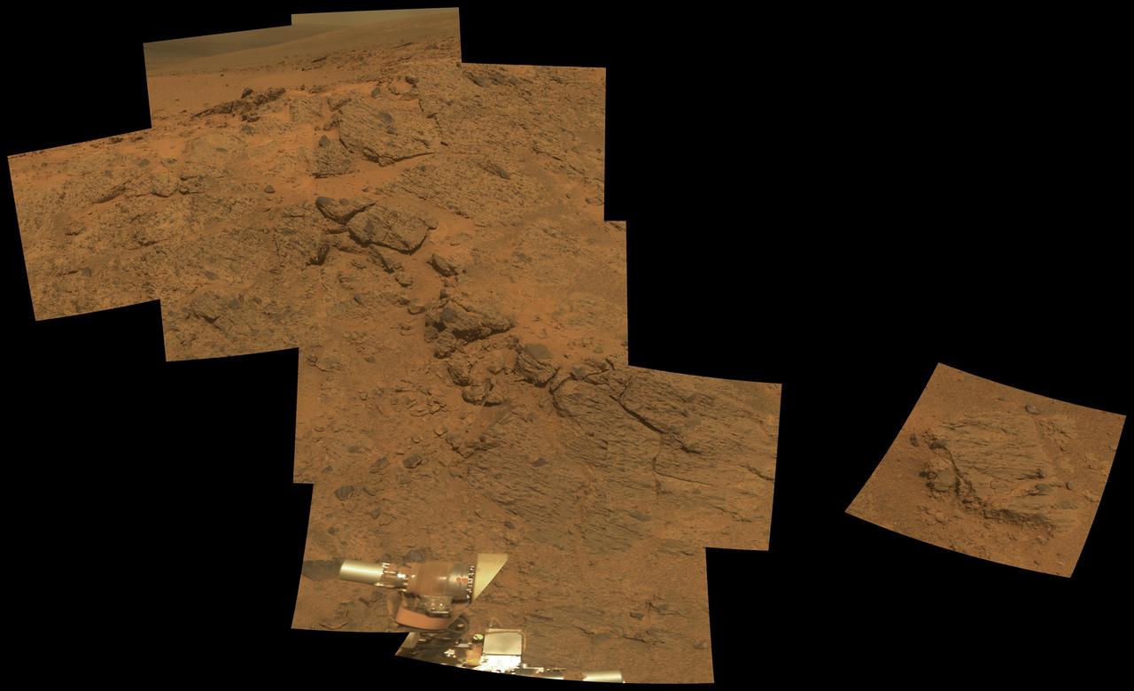 NASA Mars Exploration Rover Opportunity observed this outcrop on the Murray Ridge portion of the rim of Endeavour Crater as the rover approached the 10th anniversary of its landing on Mars.