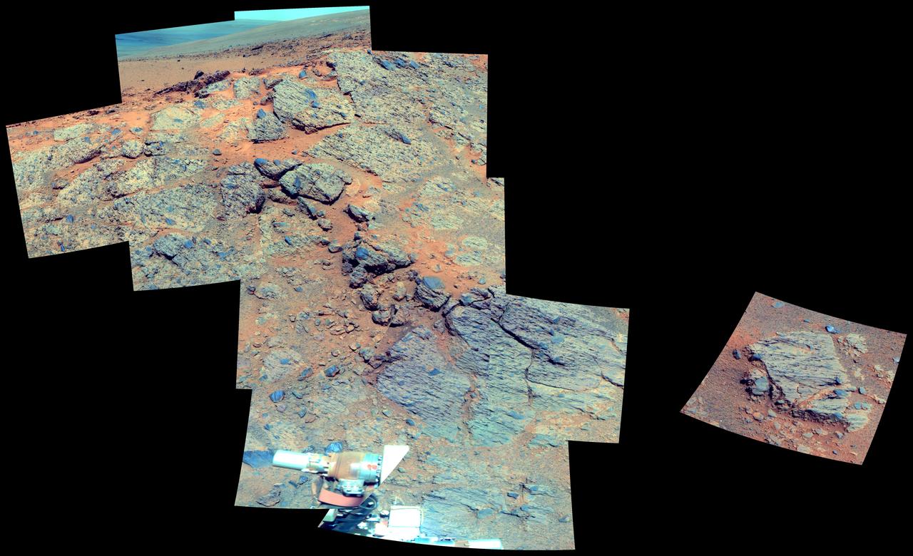 This false color image from NASA Mars Exploration Rover Opportunity is of the outcrop on the Murray Ridge portion of the rim of Endeavour Crater as the rover approached the 10th anniversary of its landing on Mars.