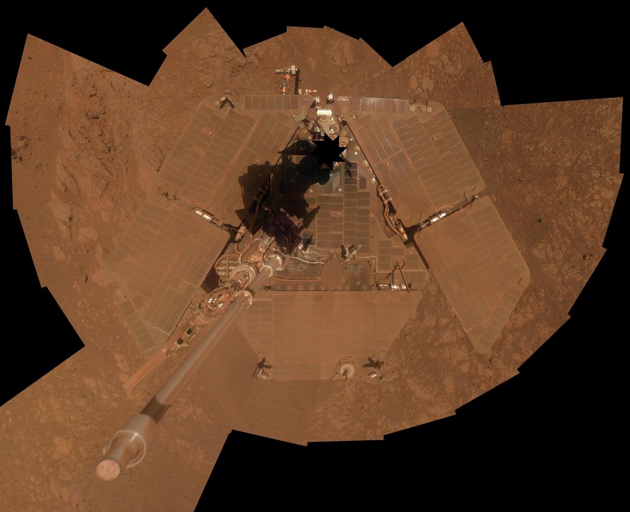 NASA Mars Exploration Rover Opportunity recorded the component images for this self-portrait about three weeks before completing a decade of work on Mars.