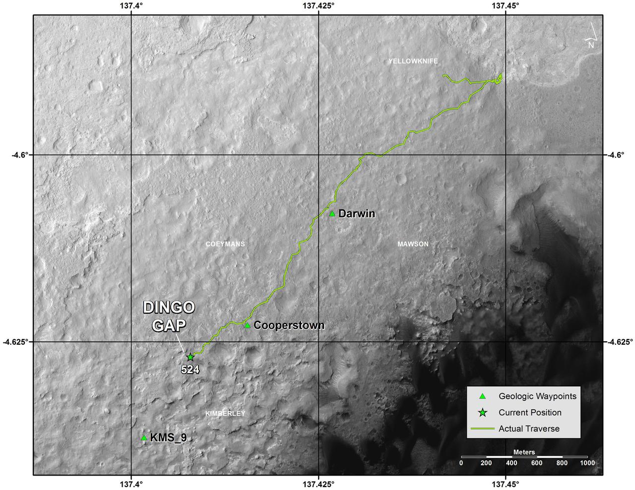 This map shows the route that NASA Curiosity Mars rover drove inside Gale Crater from its landing in August 2013 through Jan. 26, 2004. The rover is approaching a gap between two low scarps, Dingo Gap.