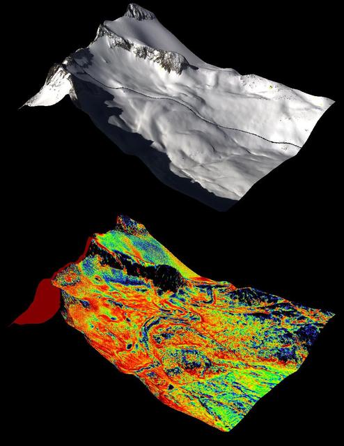 A natural color image of Mt. Lyell, the highest point in the Tuolumne River Basin top image is compared with a three-dimensional color composite image of Mt. Lyell from NASA Airborne Snow Observatory depicting snow depth bottom image.