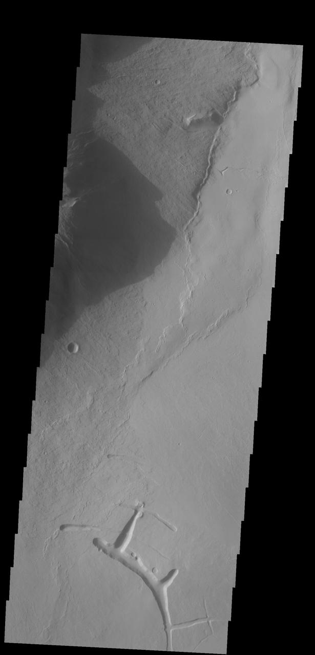The lava flows in this image captured by NASA 2001 Mars Odyssey spacecraft are located of the eastern margin of the Tharsis Volcanic complex.