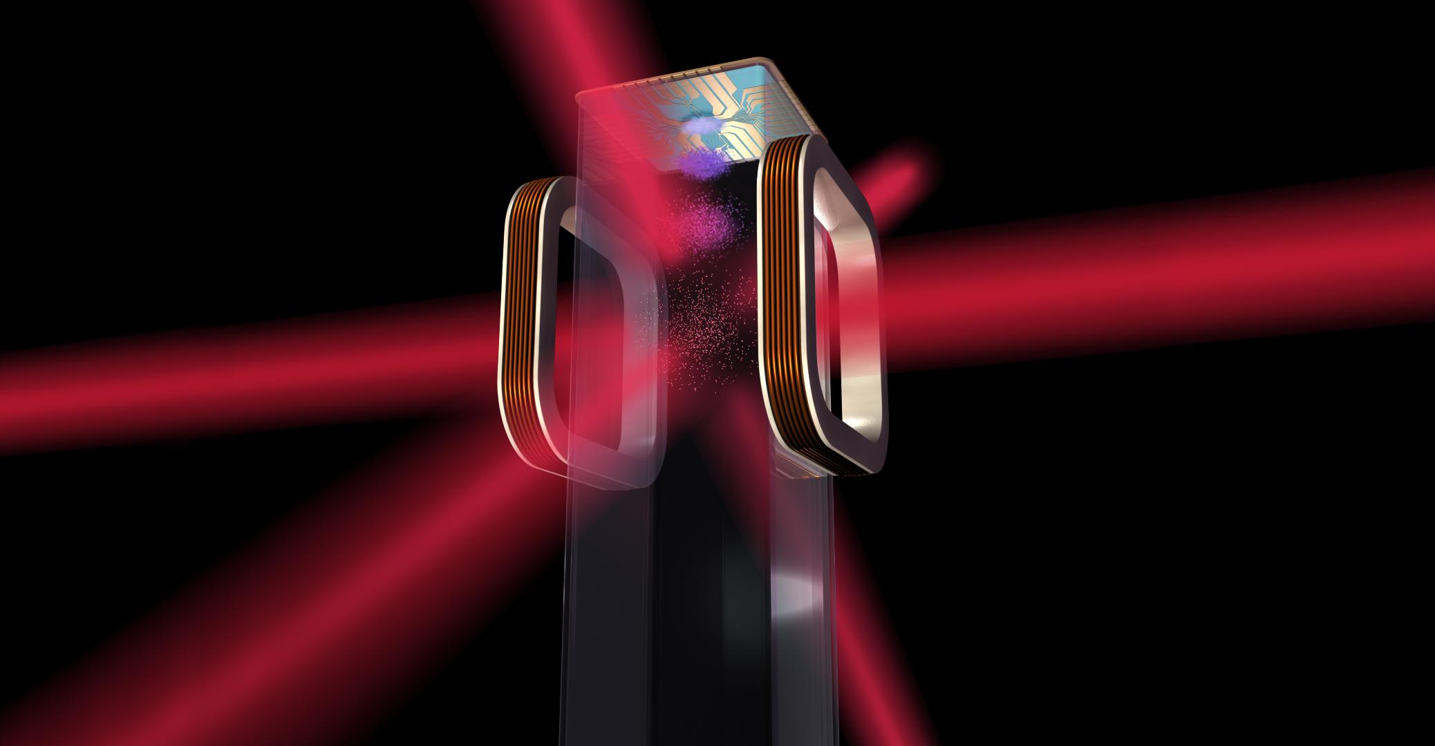 Artist concept of a magneto-optical trap and atom chip to be used by NASA Cold Atom Laboratory CAL aboard the International Space Station.