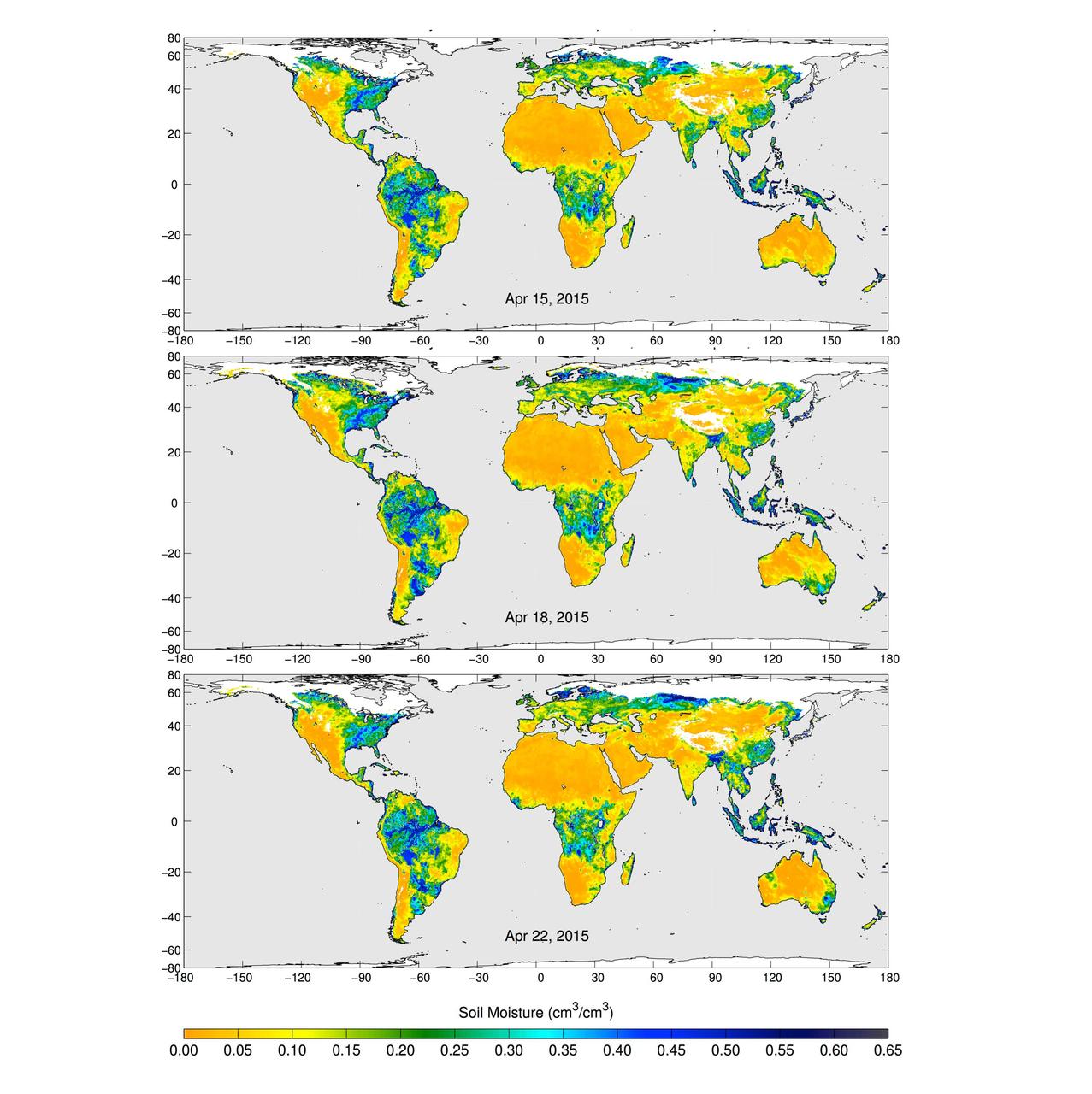 These maps of global soil moisture were created using data from the radiometer instrument on NASA Soil Moisture Active Passive SMAP observatory. Evident are regions of increased soil moisture and flooding during April, 2015.
