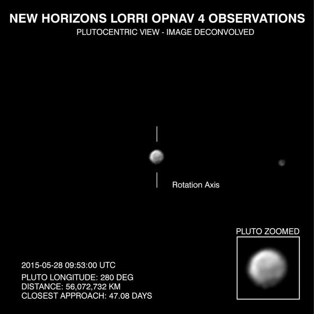 This frame from a movie, composed of images taken by NASA New Horizons, shows Pluto as it rotates about its axis. The images were taken May 28-June 3, 2015, from distances ranging from approximately 56 million kilometers to 48.5 million kilometers.
