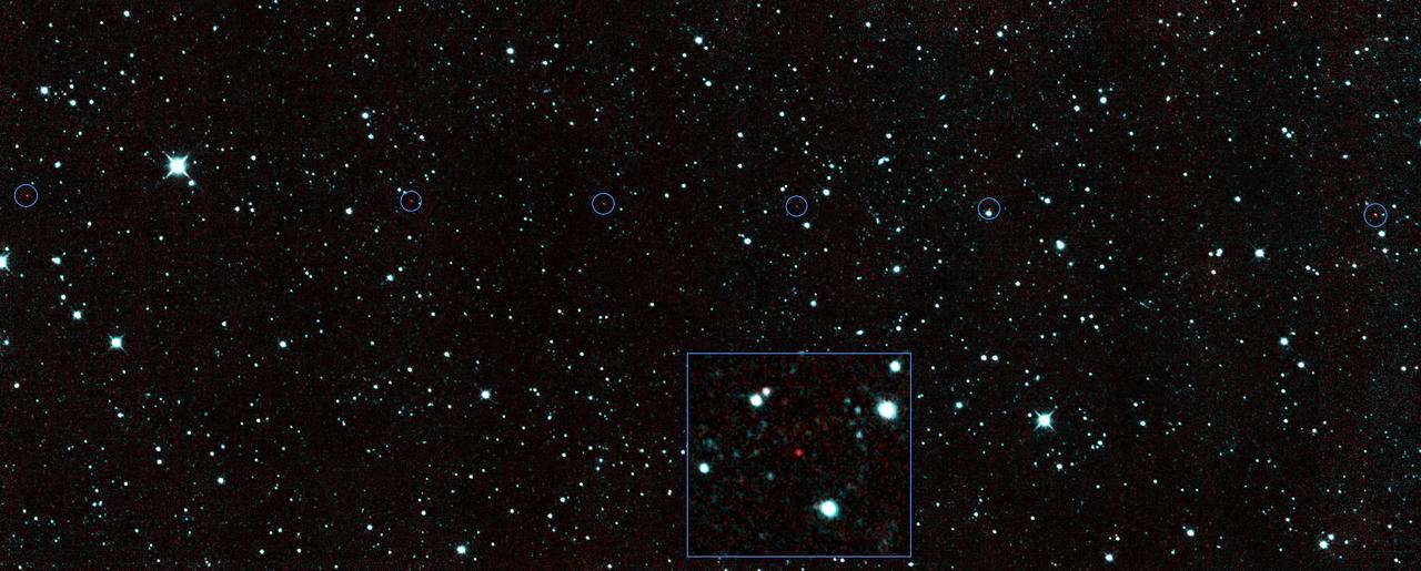 The six red dots in this composite picture indicate the location of the first new near-Earth asteroid, called 2013 YP139, as seen by NASA NEOWISE.