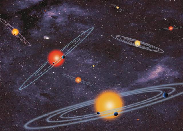 This illustration shows the unusual orbit of planet Kepler-413b around a close pair of orange and red dwarf stars. The planet 66-day orbit is tilted 2.5 degrees with respect to the plane of the binary stars orbit.