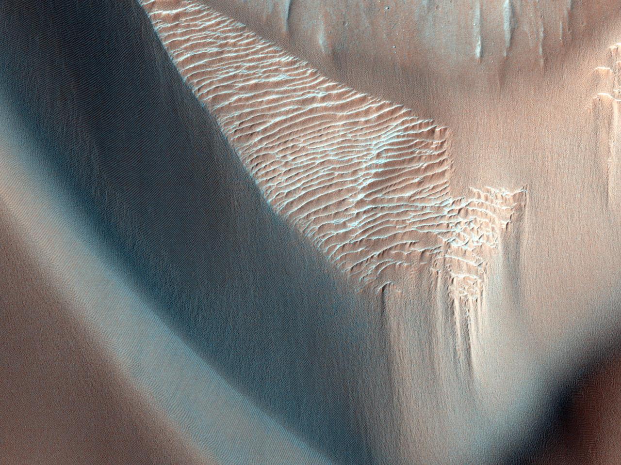 In this image from NASA Mars Reconnaissance Orbiter, lower wall rock spurs are found that spread dark materials onto a dune field, suggesting local wall materials are a nearby sediment source for dunes.