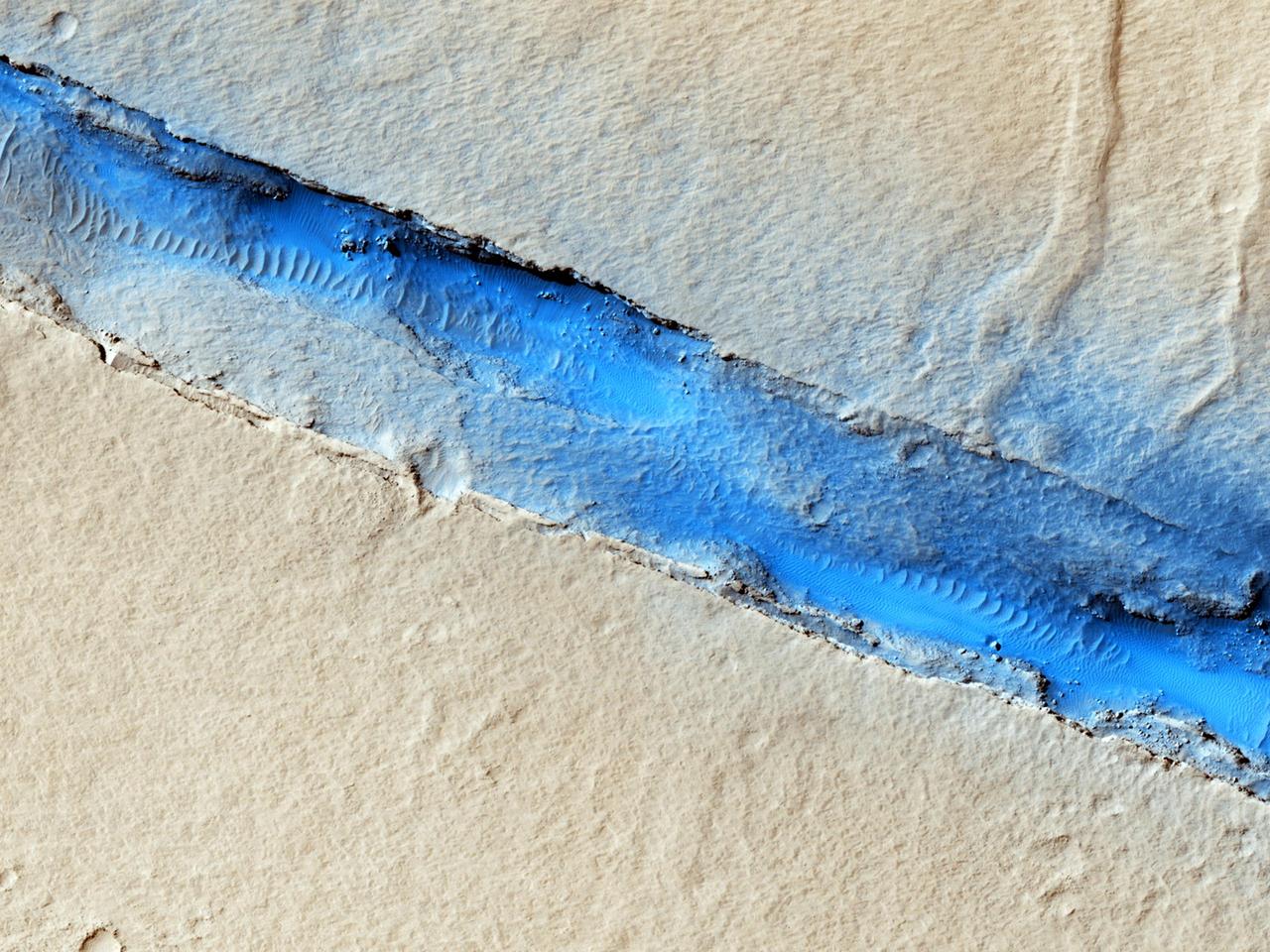 The linearity of the volcanic vent shown in this image observed by NASA Mars Reconnaissance Orbiter, in conjunction with evidence of lava flow from the vent, suggests control by combined volcano-tectonic processes.