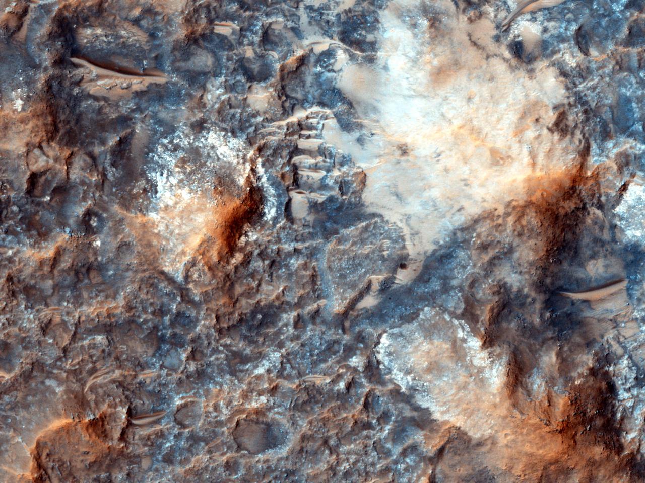 Megabreccia is a term used to describe jumbled, fragmented blocks of rock larger than 1 meter 1.09 yard across. This image was observed by NASA Mars Reconnaissance Orbiter.
