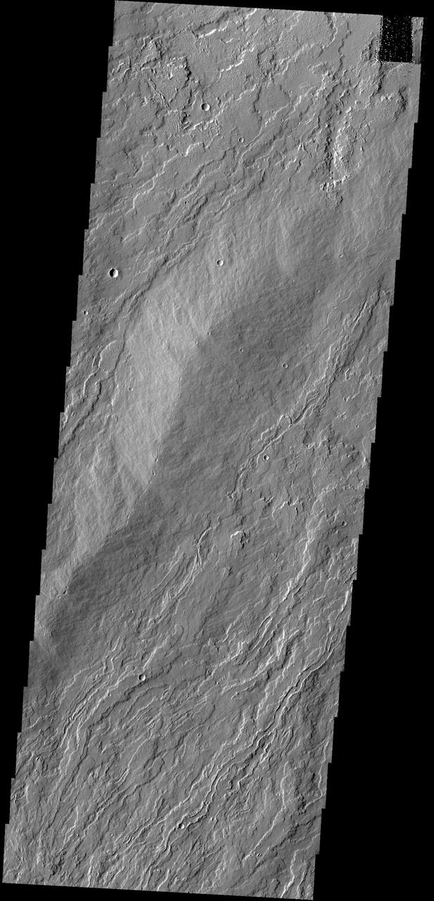 The narrow lava flows in this image from NASA 2001 Mars Odyssey spacecraft are located on the northeastern flank of Olympus Mons.