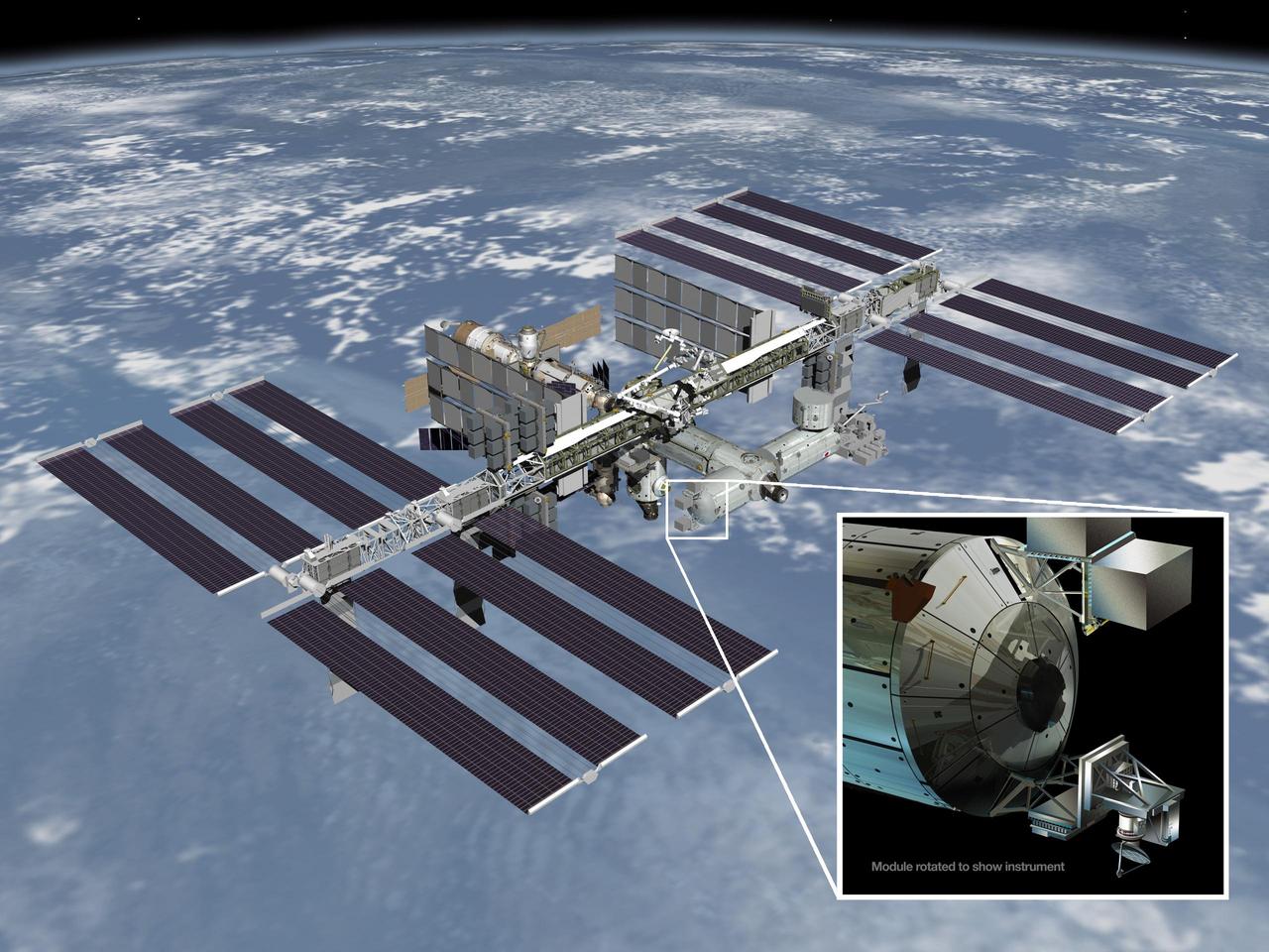 Artist rendering of NASA ISS-RapidScat instrument inset, which will launch to the International Space Station in 2014 to measure ocean surface wind speed and direction and help improve weather forecasts, including hurricane monitoring.