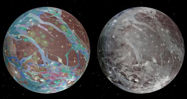 To present the best information in a single view of Jupiter moon Ganymede, a global image mosaic was assembled, incorporating the best available imagery from NASA Voyager 1 and 2 spacecraft and NASA Galileo spacecraft.