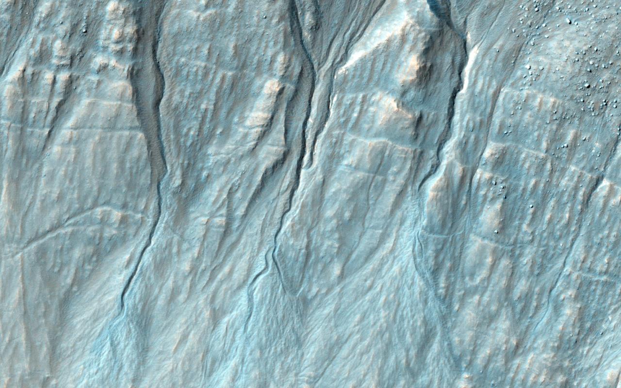 NASA Mars Reconnaissance Orbiter reveals that gullies, or ravines, are landforms commonly found in the mid-latitudes on Mars, particularly in the Southern highlands.