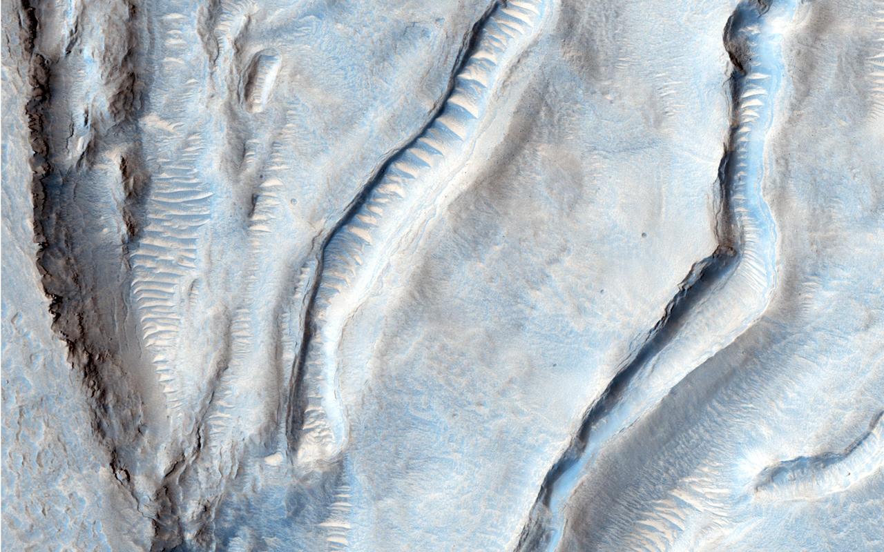 This image from NASA Mars Reconnaissance Orbiter shows an unusual landform on the floor of Oxus Patera. Oxus Patera is an ancient, eroded depression in northern Arabia Terra.
