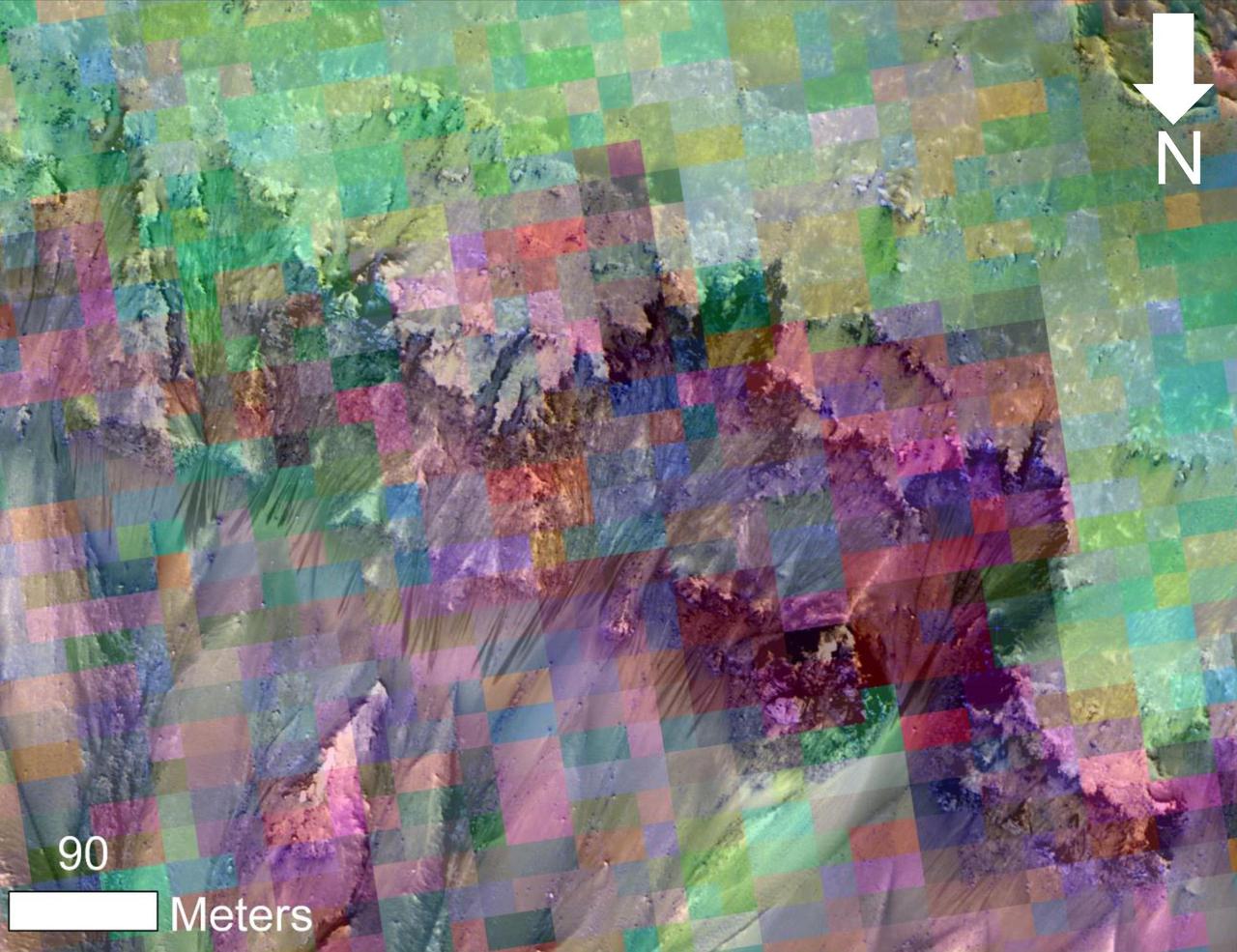 This image from NASA Mar Reconnaissance Orbiter combines a photograph of seasonal dark flows on a Martian slope at Palikir Crater with a grid of colors based on data collected by a mineral-mapping spectrometer observing the same area.