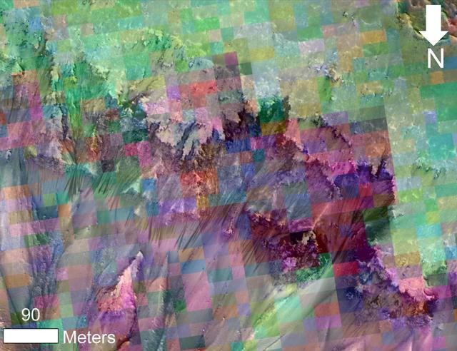 NASA image: Color-Coded Clues to Composition Superimposed on Martian Seasonal-Flow Image