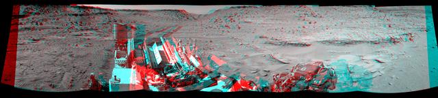 This stereo view combining images taken on Feb. 10, 2014, by the Navigation Camera Navcam on NASA Curiosity Mars rover looks back to where the rover crossed a dune at Dingo Gap four days earlier. You need 3D glasses to view this image.