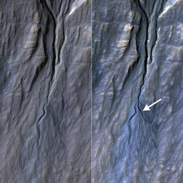 This pair of before left and after right images from NASA Mars Reconnaissance Orbiter documents formation of a new channel on a Martian slope between 2010 and 2013, likely resulting from activity of carbon-dioxide frost.