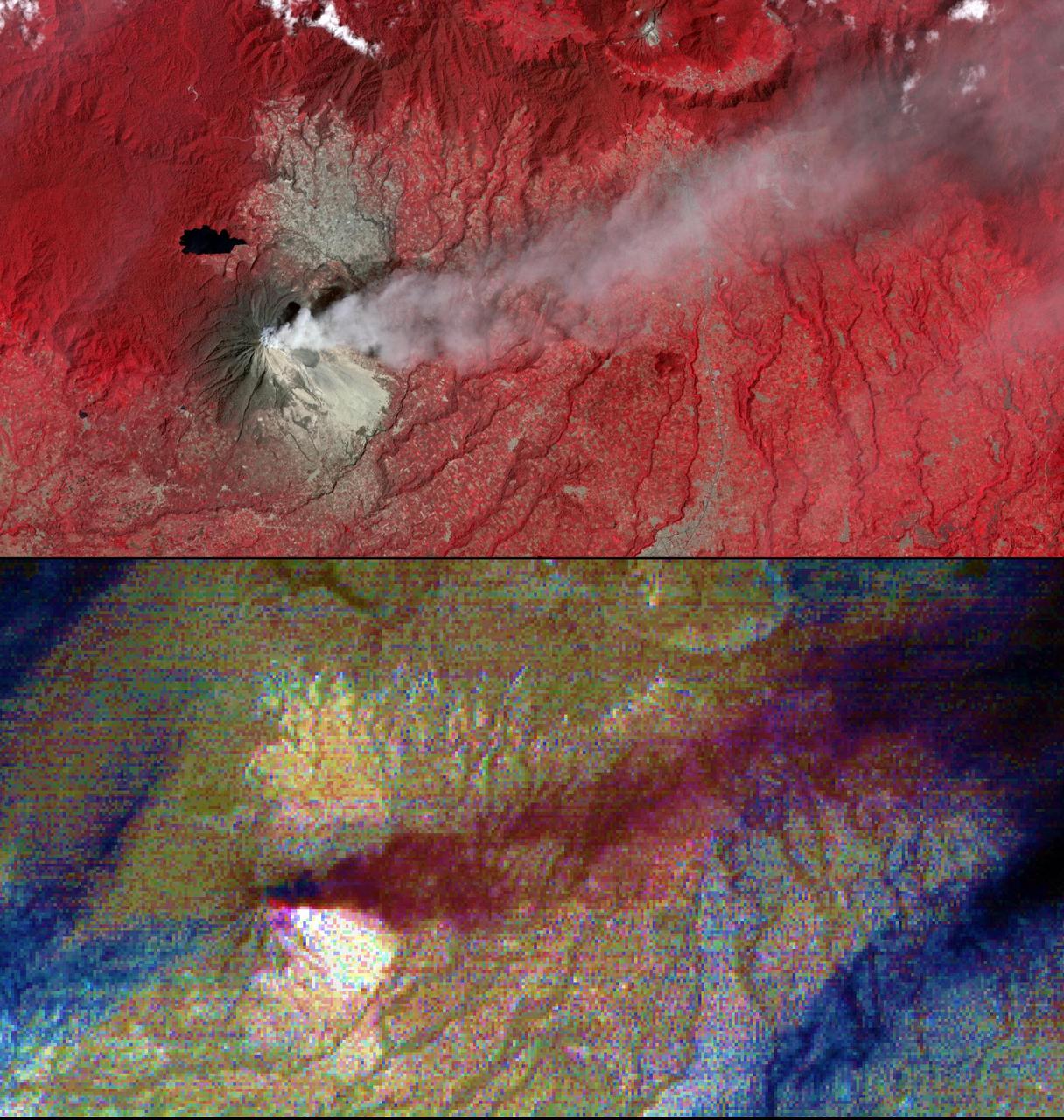 This image acquired by NASA Terra spacecraft is of Mount Sinabung, a stratovolcano located in Indonesia. In late 2013, a lava dome formed on the summit. In early January 2014, the volcano erupted, and it erupted again in early February.