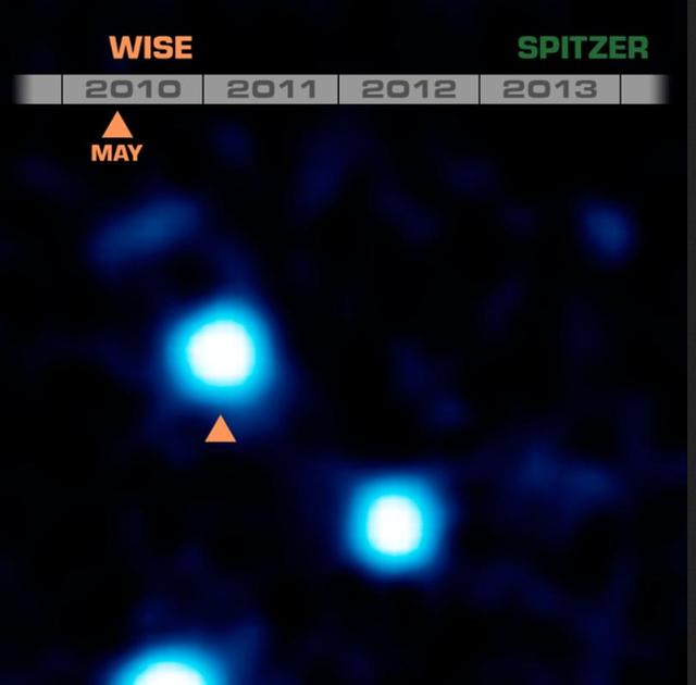 This frame from an animation shows the coldest brown dwarf yet seen, and the fourth closest system to our sun. Called WISE J085510.83-071442.5, this dim object was discovered through its rapid motion across the sky.