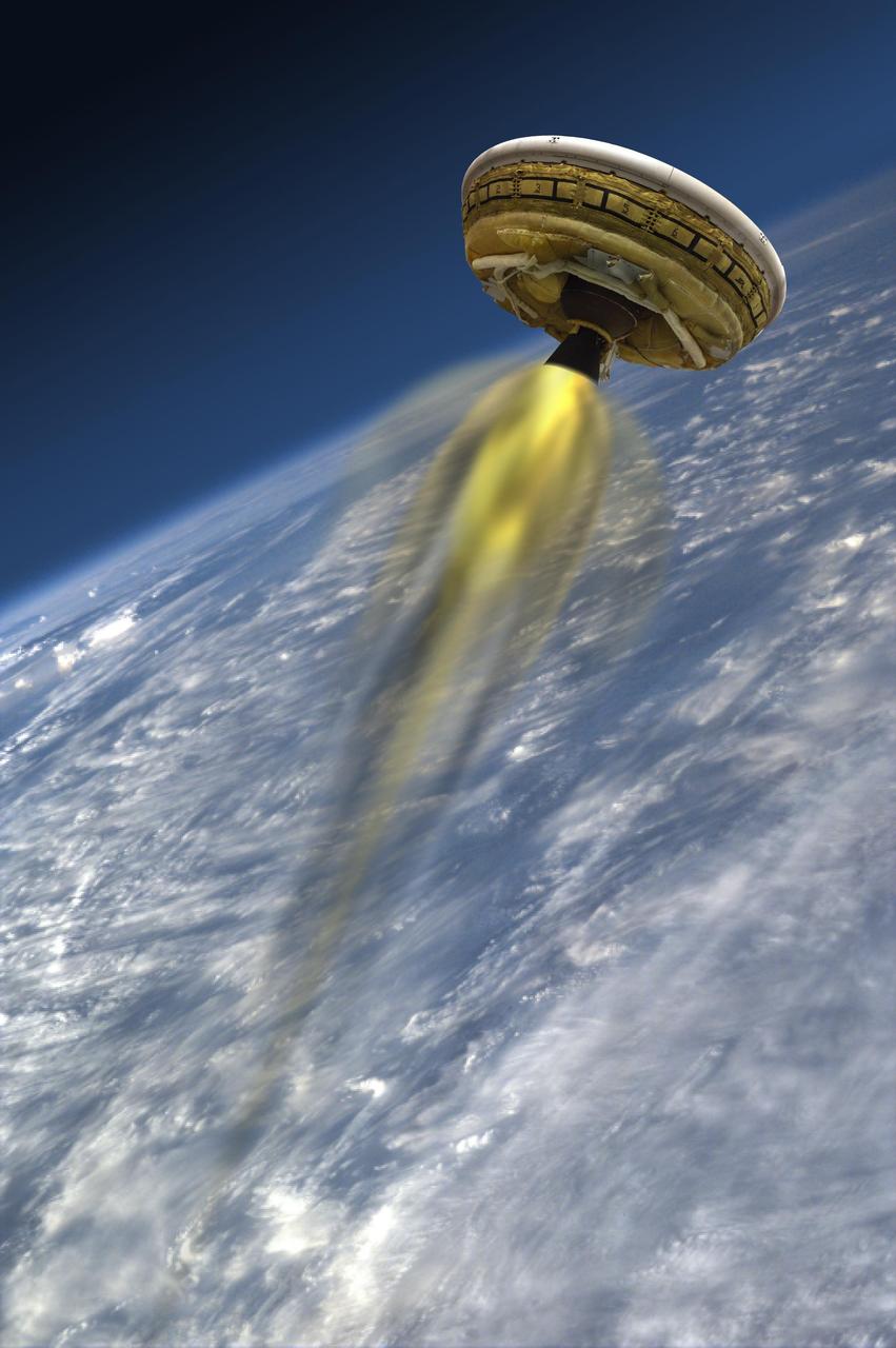 This artist concept shows the test vehicle for NASA Low-Density Supersonic Decelerator LDSD, designed to test landing technologies for future Mars missions.