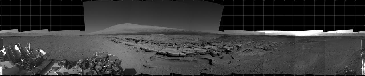 This view from NASA Curiosity Mars rover spans 360 degrees, centered southward toward a planned science waypoint at the