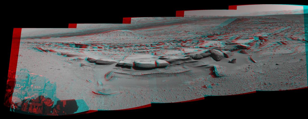 This view from NASA Curiosity Mars rover spans 360 degrees, centered southward toward a planned science waypoint at the