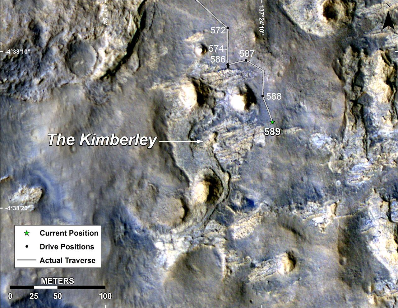 This map shows the route driven by NASA Curiosity Mars in its approach to and April 1, 2014, arrival at a waypoint called the Kimberley, which rover team scientists chose in 2013 as the location for the mission next major investigations.