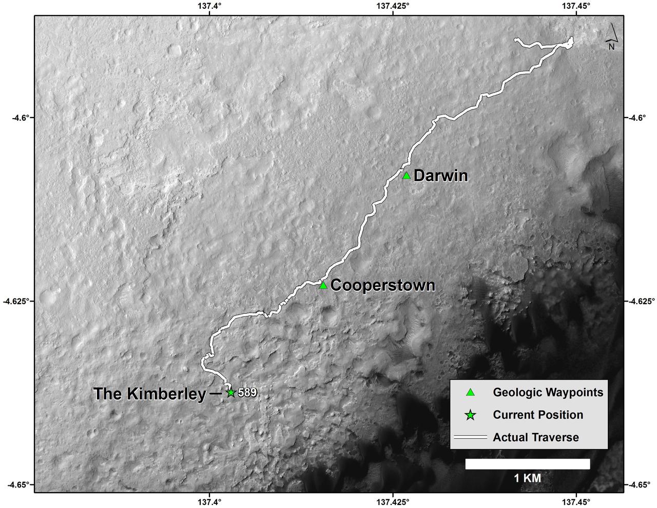 This map shows the route driven by NASA Curiosity Mars rover from the Bradbury Landing location where it landed in August 2012 the start of the line in upper right to a major waypoint called the Kimberley.