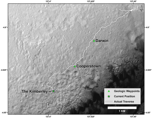 NASA image: Curiosity Mars Rover Route from Landing to The Kimberley Waypoint