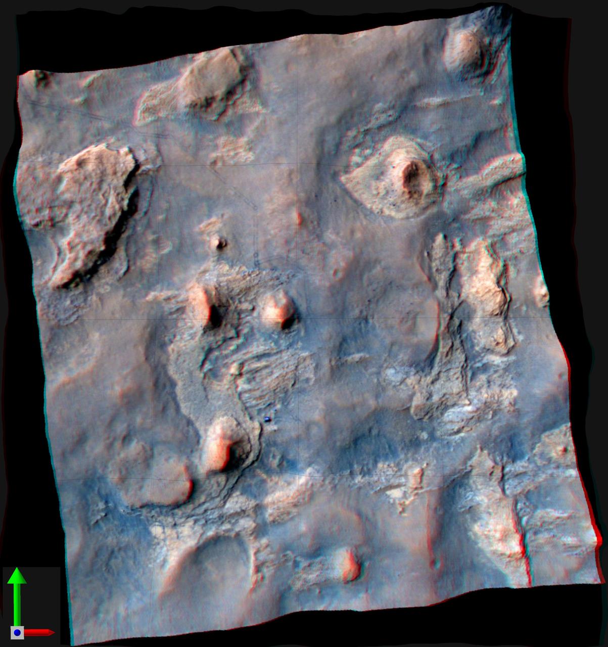 NASA Curiosity Mars rover and its tracks are visible in this view combining information from three observations by the HiRISE camera on NASA Mars Reconnaissance Orbiter. You need 3-D glasses to view this image.